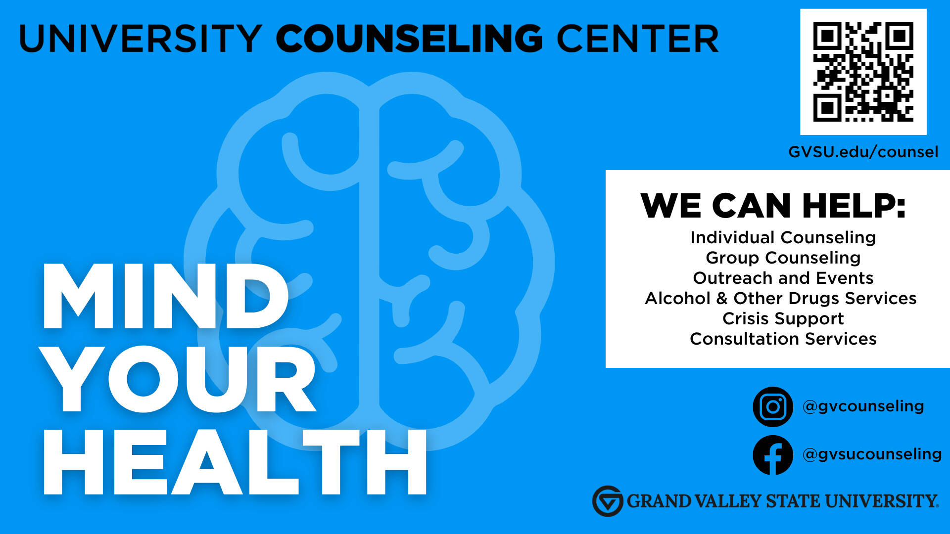 Mind Your Health slide from University Counseling Center. Lists services like group counseling and crisis support. Blue background, brain graphic.